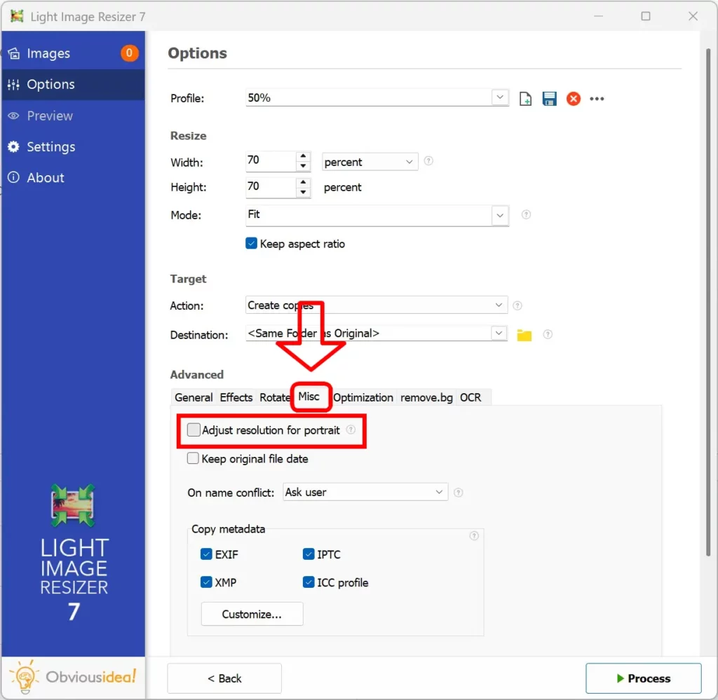 Ajuster la résolution pour la capture d’écran du portrait dans Light Image Resizer