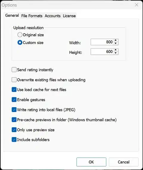 Paramètres dans PhotoLikr pour contrôler le cache et la prévisualisation rapide