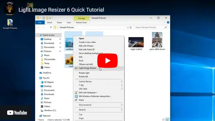 Capture d’écran du tutoriel Light Image Resizer sur YouTube avec les options de menu.