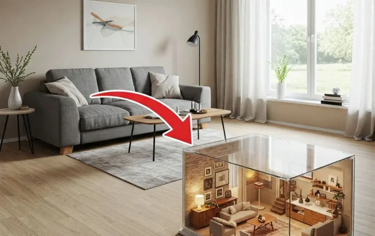 Cozy living room with miniature model display.