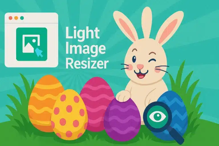 Lapin illustré avec des œufs de Pâques colorés et une loupe.