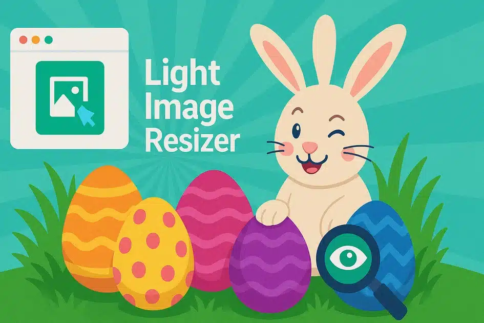 Lapin illustré avec des œufs de Pâques colorés et une loupe.