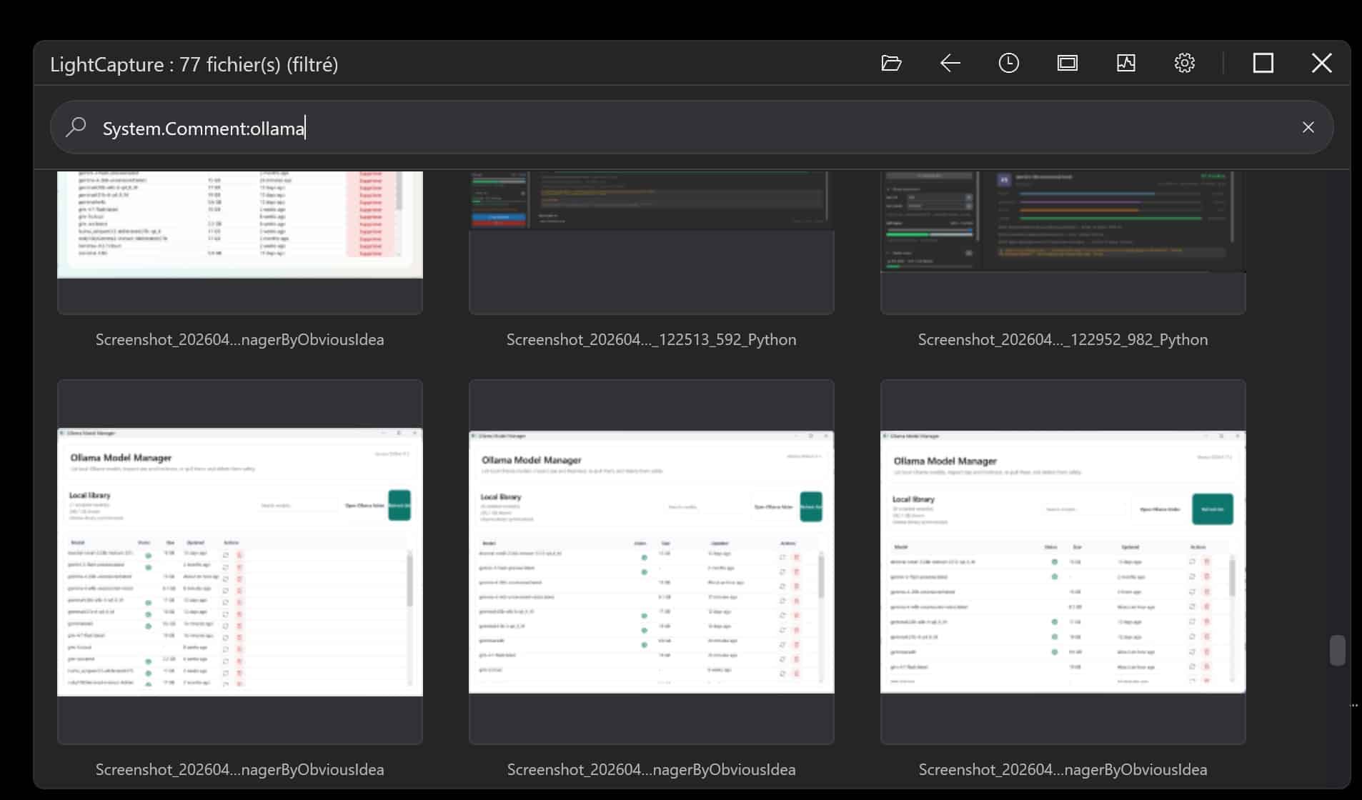 Real Light Capture app screen showing AQS search for Ollama inside screenshot comments