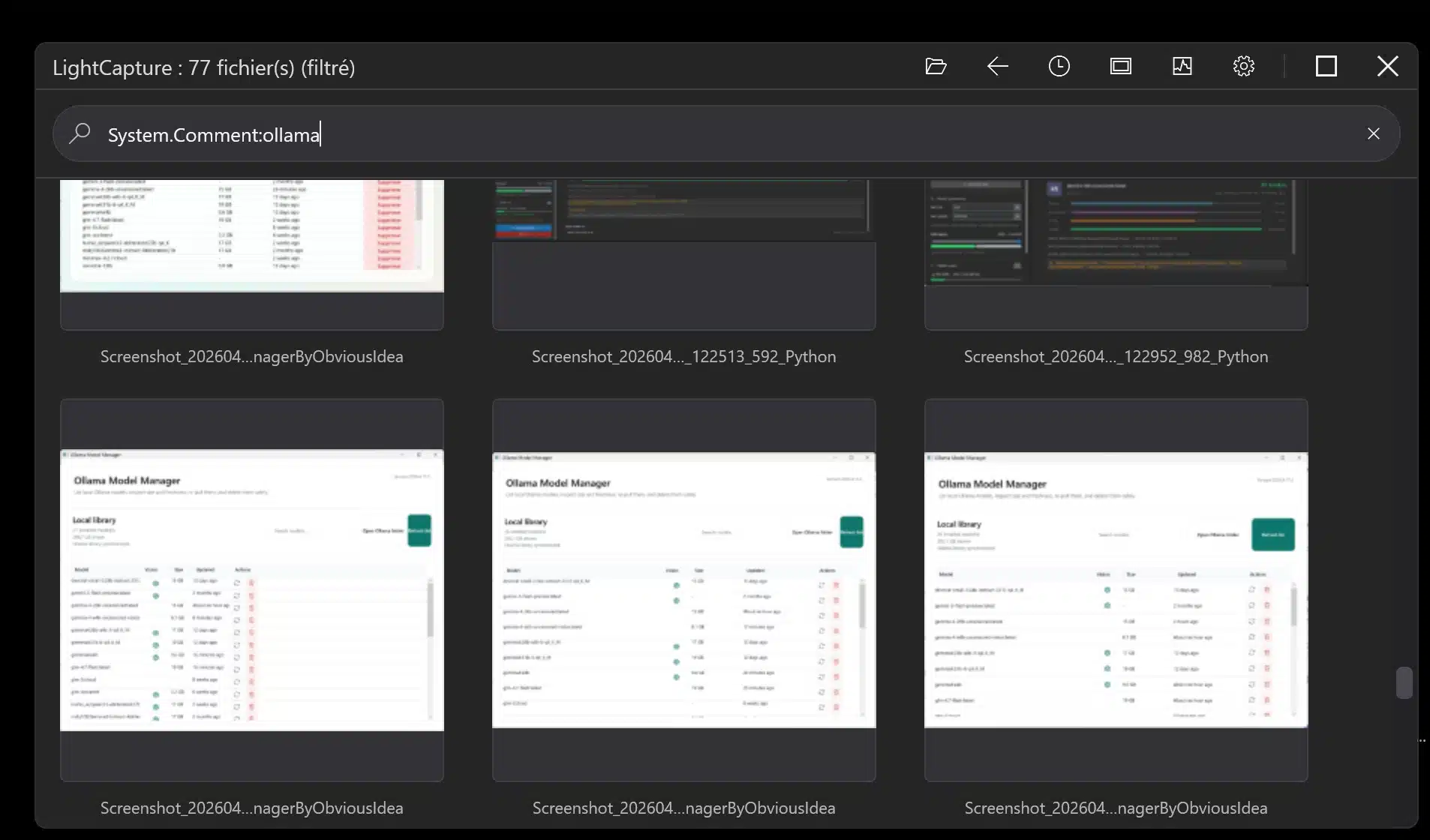 Windows screenshot archive filtered with an AQS metadata query