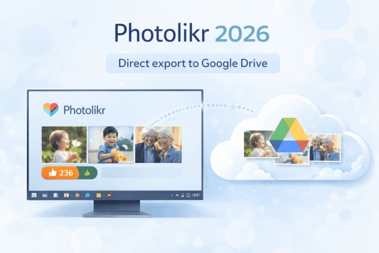 Photolikr 2026 : Exportez des photos vers Google Drive.