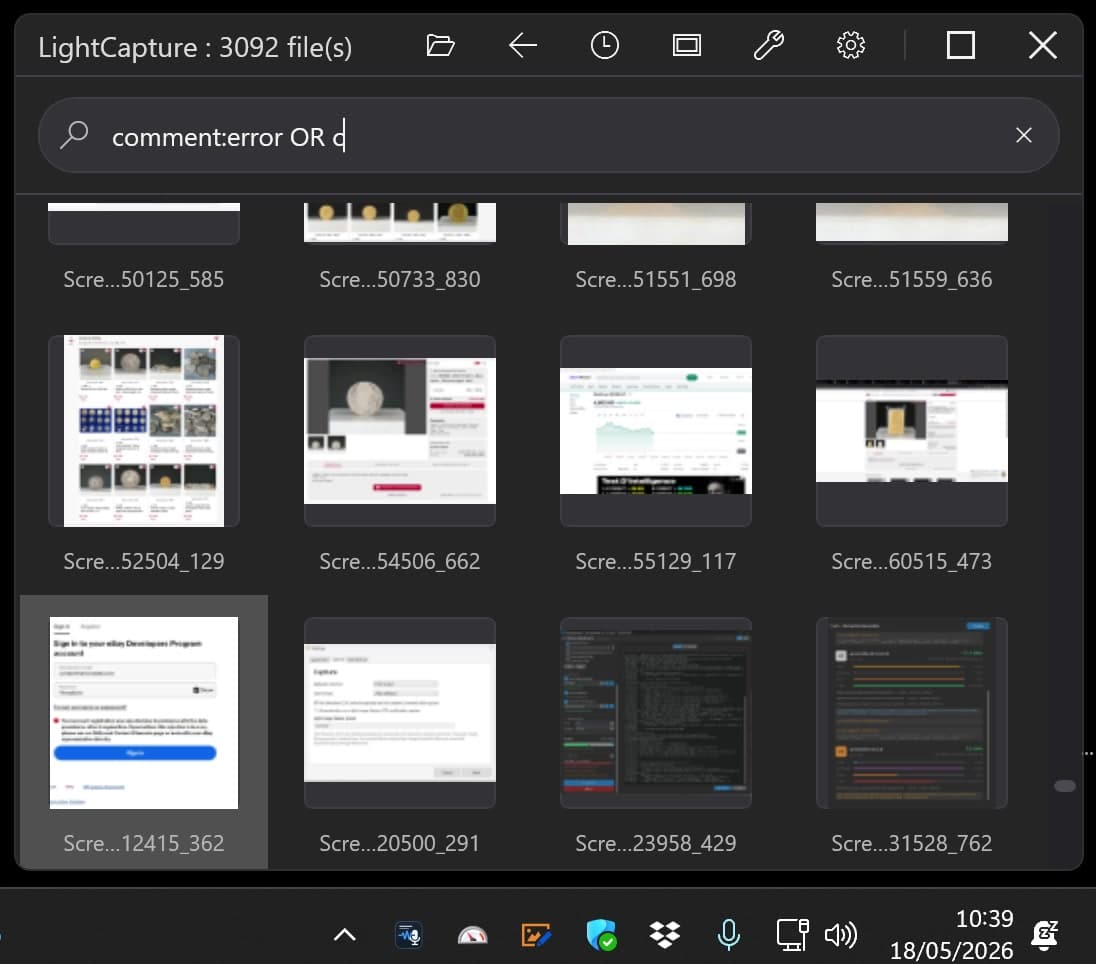 Real LightCapture AQS search — 82 screenshots filtered by comment:error OR comment:fail AND date:lastmonth