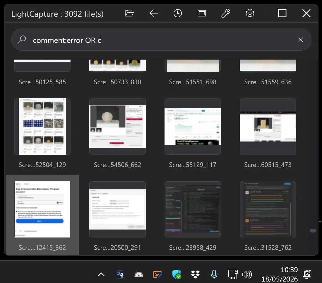 AQS search filtering screenshots by comments and date