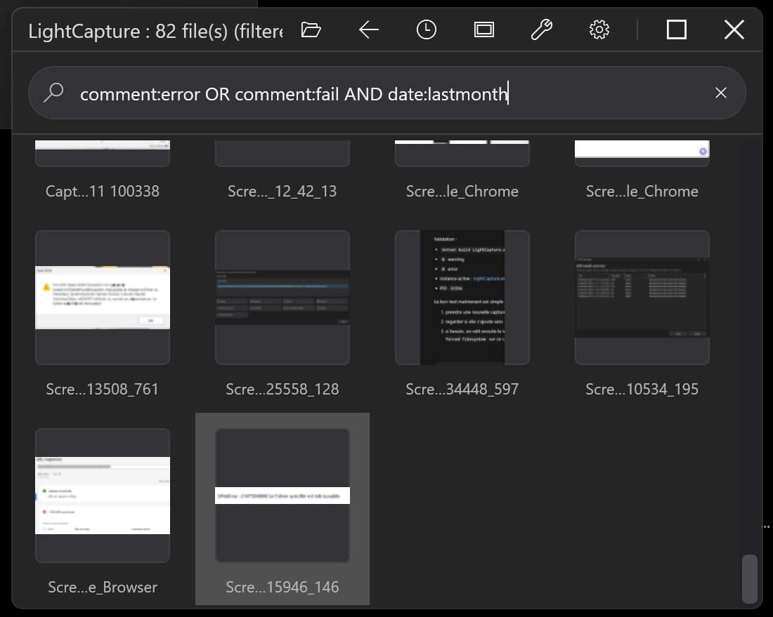LightCapture grid browse view — thumbnails with AQS search filter active